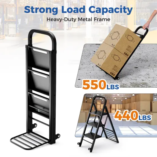 2 in 1 Black Metal Hand Truck and Step Ladder with Rubber Wheels and 3 Wide Pedals {6}