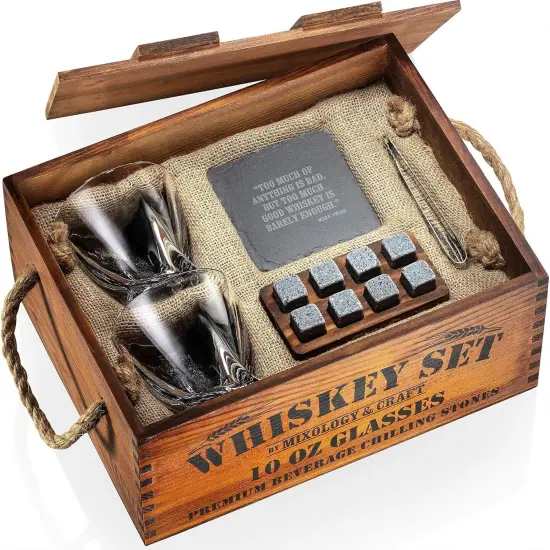 Whiskey Gift Set, Whiskey Glass Set with Rustic Wooden Crate, 8 Granite Whiskey Rocks Chilling Stones, 10oz Whiskey Glasses, Gift for Men, Dad, Husband, Boyfriend - Jameson Brown {4}