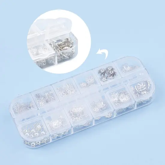 1 Box 240Pcs 12 Styles Flower Spacer Beads Caps Silver Bead Caps Mixed Tibetan Beads Jewelry Findings for DIY Earring Bracelet Necklace Keyring Making {2}