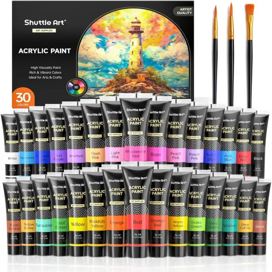 30 Colors Acrylic Paint Set, 36ml Tubes with 3 Brushes, Artist Grade Acrylic Paint, for Kids Adults Beginners, Painting on Crafts Canvas Wood Rocks {1}
