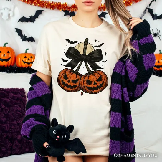 Pumpkin Cherries Coquette Bow T-Shirt, Retro Halloween Fall Season Tee for Sweet Autumn Girls {7}