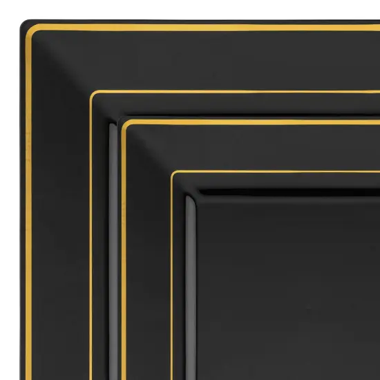 Black with Gold Square Edge Rim Plastic Dinnerware Value Set (120 Guests) {1}