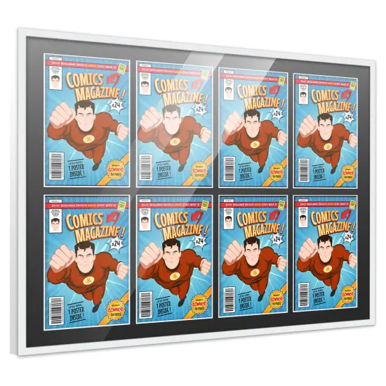 Comic Book Frame with Mat for 8 Bronze Age Comics Published Between 1970 and 1985 - White Wood Comic Frame With Black Mat for 7.25x10.5 Comics - 37.5x26.5 Frame Size {2}
