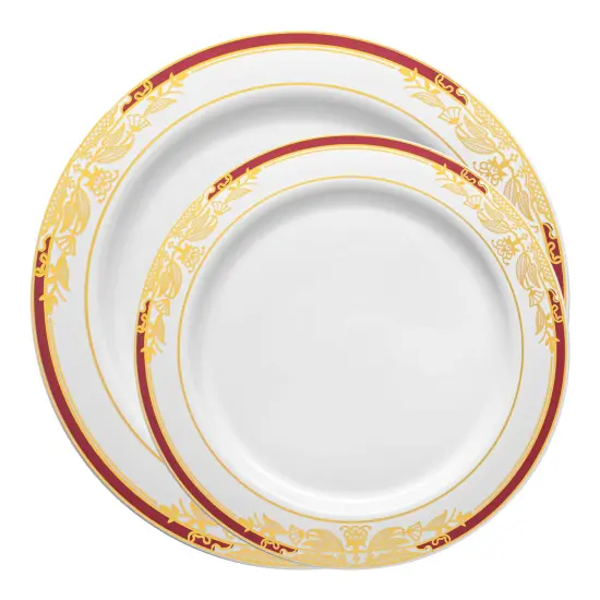 White with Burgundy and Gold Harmony Rim Plastic Dinnerware Value Set (120 Guests) {2}