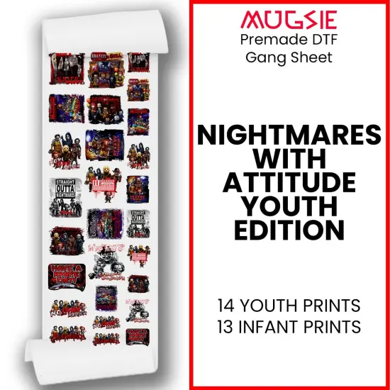 Nightmares with Attitude: Youth Edition DTF Transfers 22x60 Direct-to-Film Gang Sheet Iron On Transfers - 14 Youth Prints And 13 Infant Prints {1}