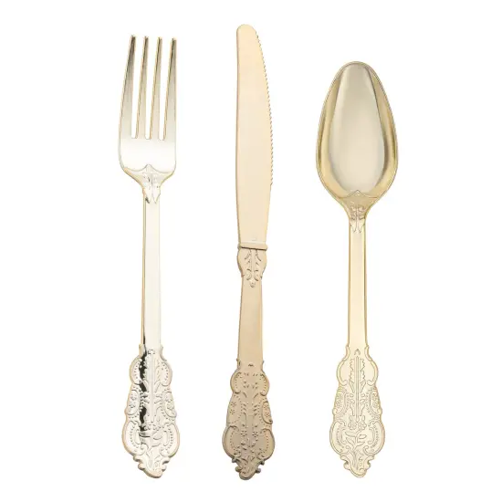 Shiny Metallic Gold Baroque Plastic Cutlery Set (600 Guests) {1}