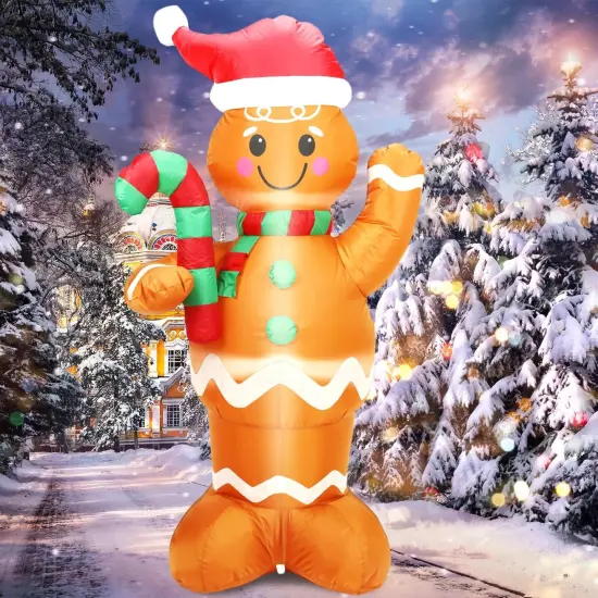 5FT H Lovely Christmas Inflatable Gingerbread Man with Candy Cane, Blow up Gingerbread Man,Christmas Inflatables Gingerbread with Bulid-in LEDs for Indoor Outdoor Decoration {5}
