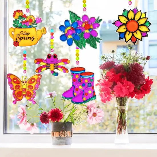 Spring Flower Suncatcher Activity Craft Kit Butterfly Sun Catcher DIY Window Paint Art Suncatcher Kits for Spring Summer Easter Party Activities Art Project Party Favors {2}