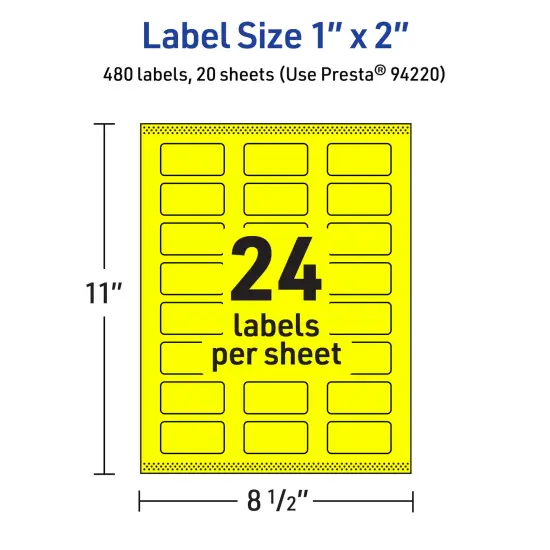 Avery Neon Yellow Paper Labels, 1" x 2" Rectangle {5}