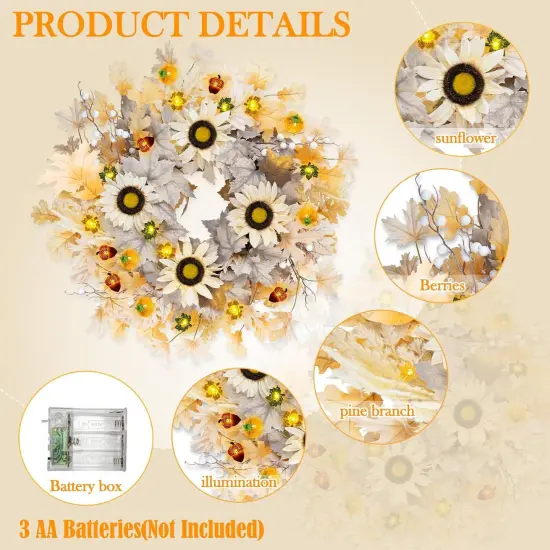 26 Inch Fall Wreath with 6FT Pumpkin Maple Leaf Lights {4}