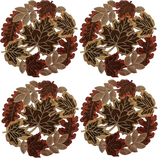 Set of 4 Round Fall Embroidered Placemats with Maple Leaves Design - 13.7 &times; 19.6 inches {2}