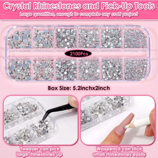 2100Pcs Flat Back Glass Rhinestones with Tweezers and Glue - Clear {5}