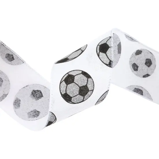 LaRibbons 2 1/2" Wired Cotton Ribbon | Glitter Soccer Balls on White | 10 Yard Roll {4}