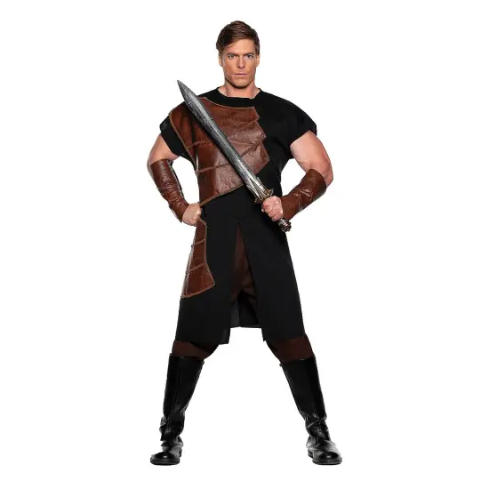 Mens Brown Dragon Slayer Costume Tunic Pants Vinyl Arm Cuffs {1}