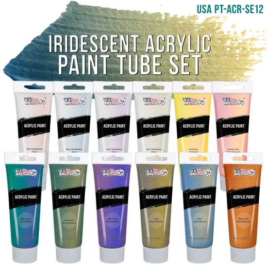 U.S. Art Supply Professional 12 Color Set of Iridescent Acrylic Paint, 75ml Tubes - Luminescent Special Effect Chameleon Color-Shifting Pearl Colors {2}