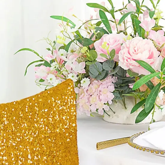 1 Piece Gold Sequin Spandex Chair Cap 13.5 inch by 10 inch Banquet Decor {3}