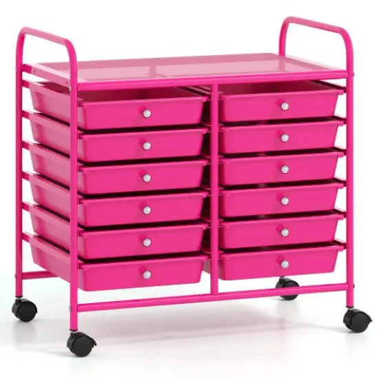 12 Removable Drawers Rolling Storage Cart with 4 Universal Wheels and Metal Frame Hot Pink {4}