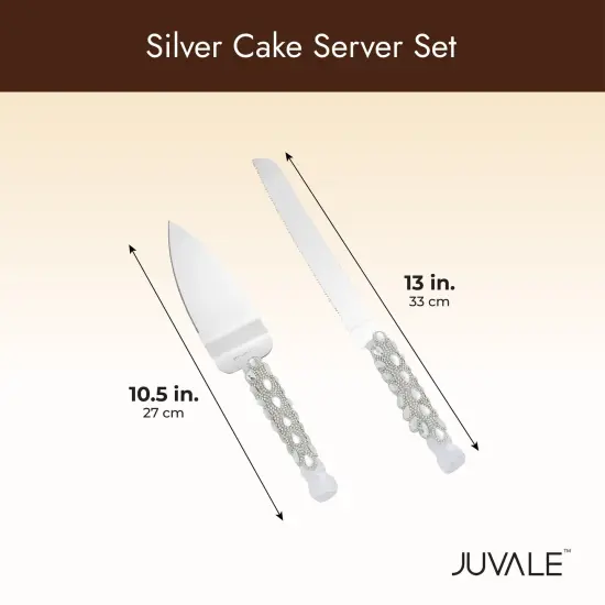 Stainless Steel Wedding Cake Knife and Server Set for Cake Cutting Ceremony, Embellished with Faux Crystals, Diamonds, Ribbon Silver {3}