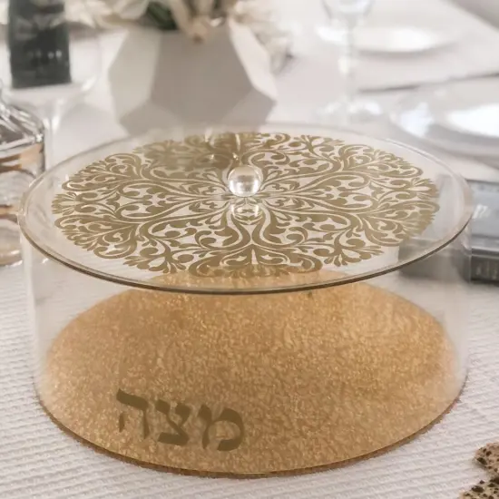 Lucite Matzah Box Gold Floral Design {3}
