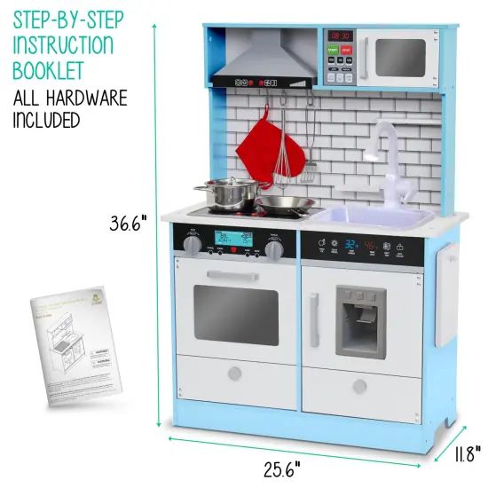Lil' Jumbl Small Wooden Pretend Play Kitchen Set for Kids with Stovetop, Oven, and Interactive Features Blue {5}