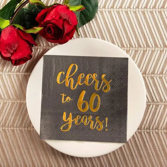 50 Pack Cheers to 60 Years Cocktail Napkins for 60th Birthday, Anniversary Party Supplies, 3-Ply, Black and Gold Foil (5 x 5 In) {3}