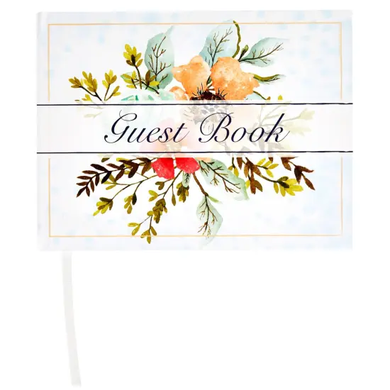 Floral Guest Book for Reception, Baby Shower with 56 Sheets/112 Pages, Bookmark Ribbon (8x6 in) Blue {6}