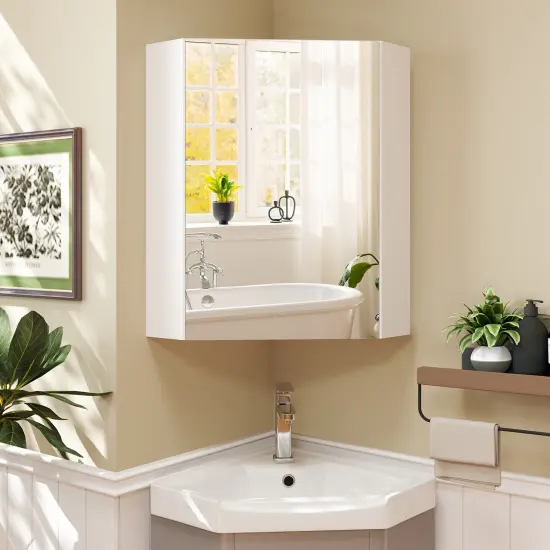 Corner Medicine Cabinet with Mirror with Open Mirror Door and Adjustable Shelf White {1}