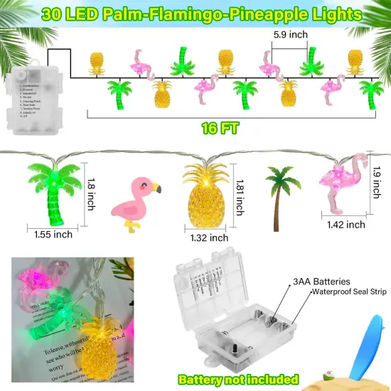 Couah 30 LED 16Ft Summer Beach Hawaiian String Lights - 8 Modes & Timer - Flamingo Pineapple Palm Tree Fairy Lights - Battery Operated for Tropical Party Pool Decorations {6}