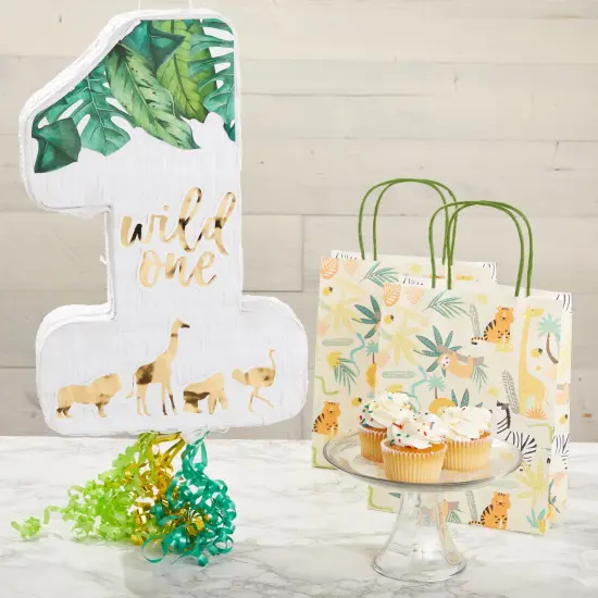 BLUE PANDA Number 1 Pull String Pinata for Wild One 1st Birthday Safari Animals Party Decorations, Jungle Pinata, Zoo Theme Party Supplies (16.5 x 11.6 x 3 In) Green {2}