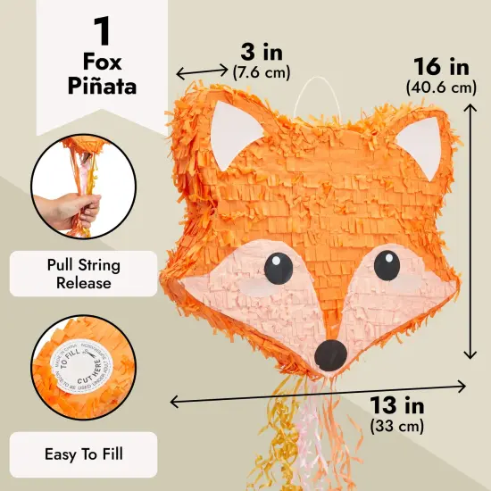Pull String Fox Pinata for Woodland Baby Shower Decorations, Birthday Party (Small, 16 x 13 x 3 In) Orange {3}