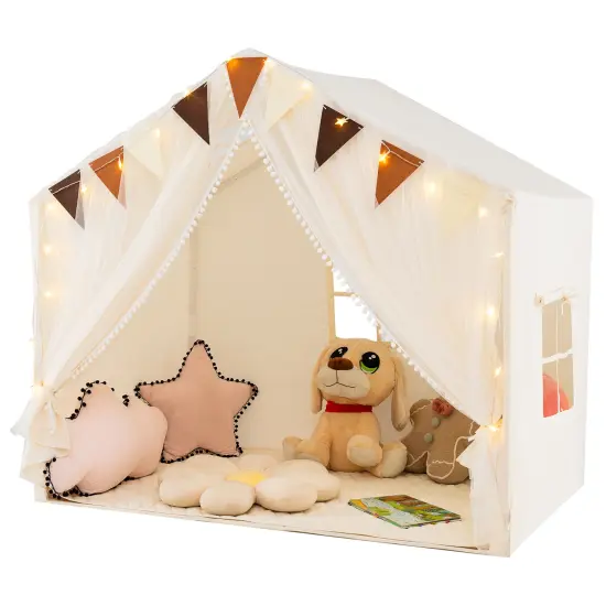 Fabric Large Toddler Playhouse Tent with Door, Curtains, and Windows Beige {3}