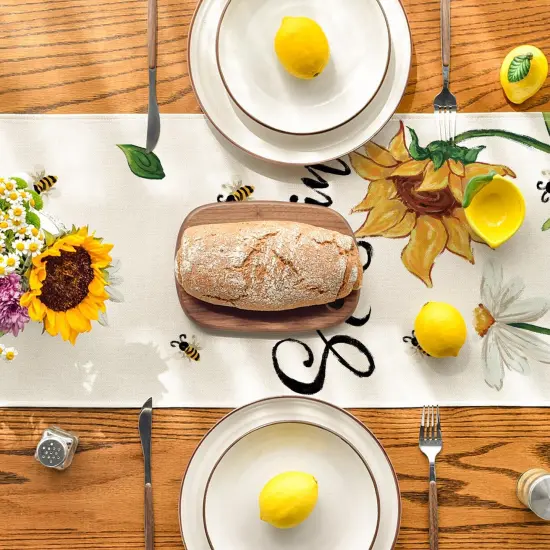 Beige Sunflowers Daisy Bees Summer Table Runner, Seasonal Spring Kitchen Dining Table Decoration for Home Party Decor 13x72 Inch {3}