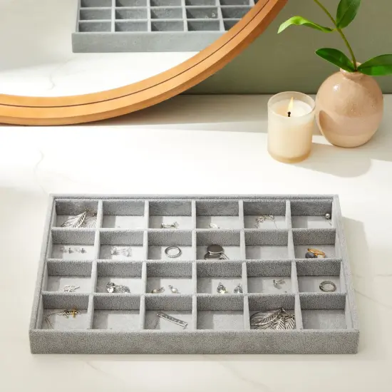 Velvet Jewelry Organizer Tray for Earrings, Stackable 24 Grid Storage for Rings (Gray, 14x10 in) Grey {4}
