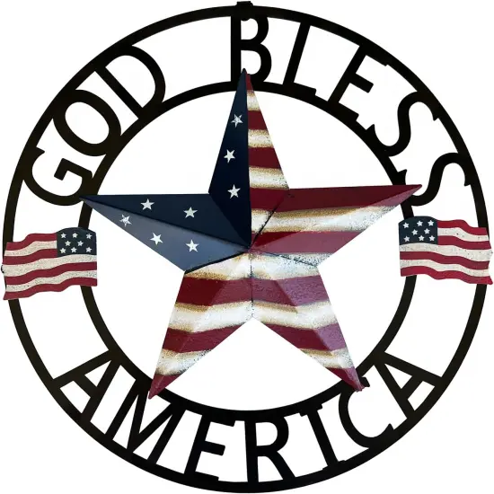 God Bless America Metal Star Hanging Welcome Signs Wall Decor Front Door Wreaths Garden Fence Patio Porch Yard Indoor Outdoor Patriotic Decorations 13''H {1}