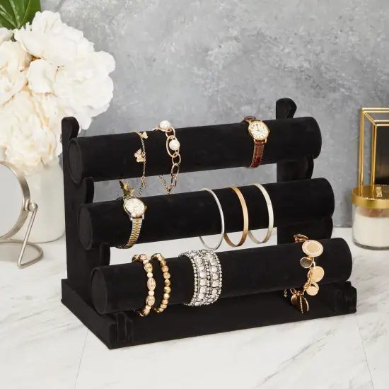 3-Tier Velvet Bracelet Holder Stand and Organizer - Jewelry Display Rack for Selling Necklaces and Accessories (Black) {3}