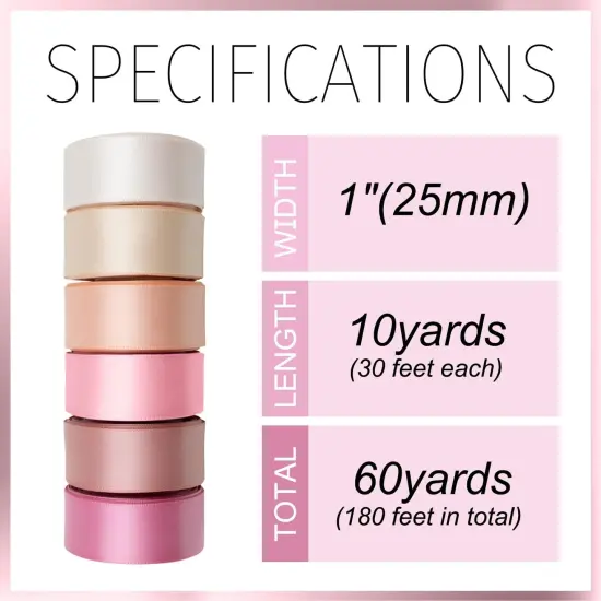 Pink Satin Ribbon 1 Inch Wide Light Pink Blush Pink Dusty Rose Ribbon Assorted Solid Color Double Faced Satin Ribbon for Flower Bouquet Wedding Invitation Crafts Gift Wrapping Hair Bows - 60Yds {1}