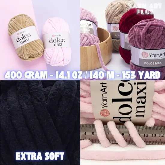 2 Skein Yarn Art Dolce Maxi, Premium Velvet Yarn, Super Soft Bulky 6 Fluffy Bulky for Knitting Crocheting Crafting Blanket Amigurumi Soft Velvet Baby Shedding 400gr, 152 Yards (Black) {5}