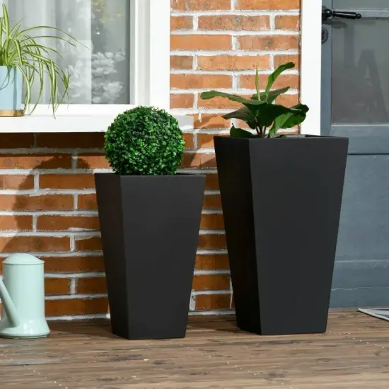 Magnesium Oxide Stackable Outdoor Planter Set of 2 with Drainage Holes Black {5}