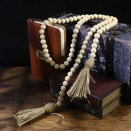 Wood Bead Garland Farmhouse Rustic Country Beads Holiday Decoration Wall Hanging Prayer Bead {5}