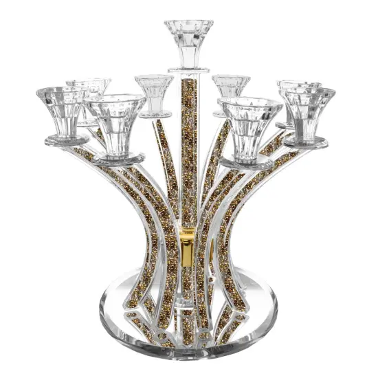 CrystalCandelabra Round Design with Inner Gemstones - 9 Arms Gold {3}