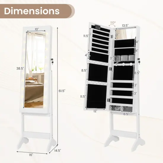 Full Length Mirror Jewelry Cabinet with 20 Warm Lights and 4 Tilt Angles White {5}