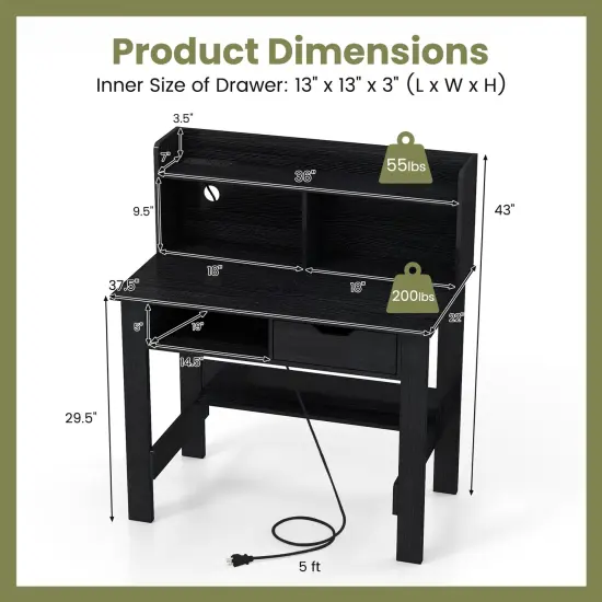 Black Wooden Computer Desk with 2 Outlets, 2 USB Ports and 1 Type-C Port {5}