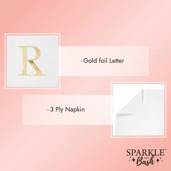 Sparkle and Bash 100 Pack Gold Foil Initial Letter R White Monogram Paper Napkins for Wedding Reception, Table Decorations (4 x 8 In) {5}