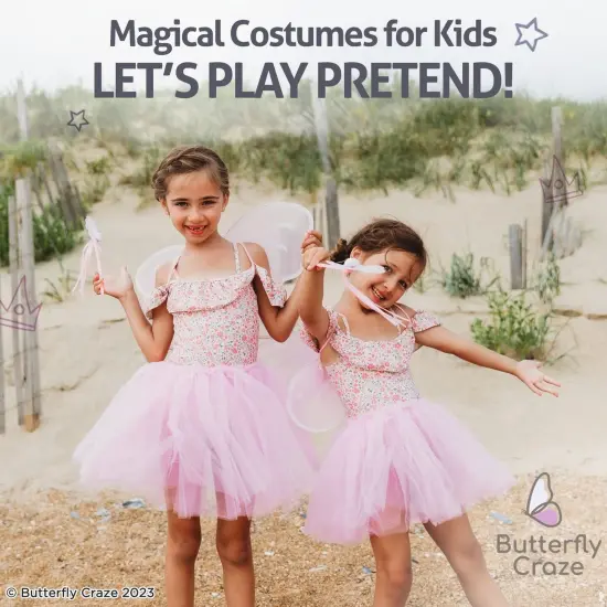 Butterfly Craze Fairy Princess Tutu Costume Set - Includes Glittery Sparkle Wings, Tutu Skirt, & Wand for Girls' Dress Up, Pretend Play & Ballet Dance Recitals, For Toddlers and Kids, Pink, Medium {5}