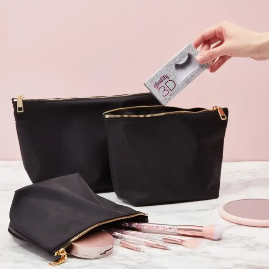 3 Piece Black Makeup Bag Set for Women, Nylon Zipper Cosmetic Pouch Organizers for Travel, Toiletries (3 Sizes) {4}