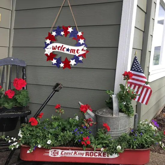 4th/Fourth of July Decorations Welcome Wreath for Front Door - Wooden Red White and Blue Star Sign, Patriotic Memorial Day Porch Home Wall Outside Decor {2}
