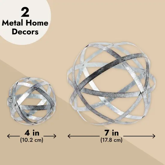 2 Piece Metal Decorative Spheres for Home Decor, Table, Rustic Style Shelf Decor Accents (Distressed Silver, 2 Sizes) {4}