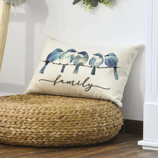 Home Sweet Home Bluebird Family Watercolor Throw Pillow Cover, 12 x 20 Inch Spring Summer Blue Cushion Case Decoration for Sofa Couch {4}