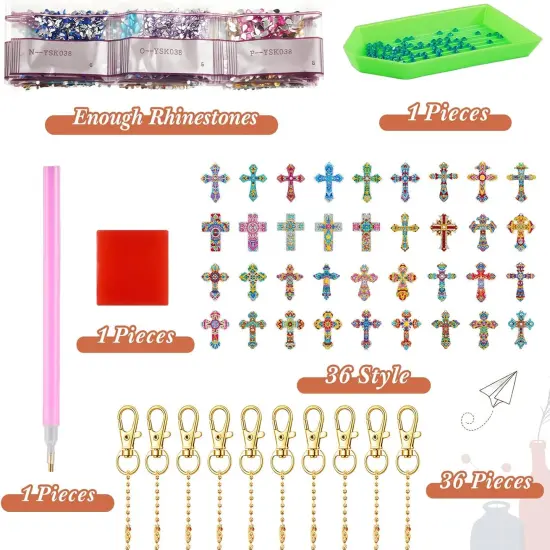 36 Pcs Cross Diamond Painting Keychains 5d Double Sided Cross Shaped Diamond Art Keychains for DIY Adults Crafts Home Decor Gift Party Favors {4}