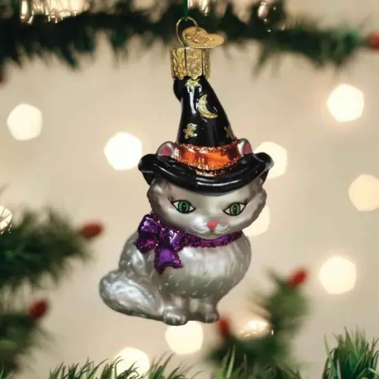 Old World Christmas 3.25 In Witch Kitten Halloween Tree Ornament , Halloween Black Hat Gray {3}